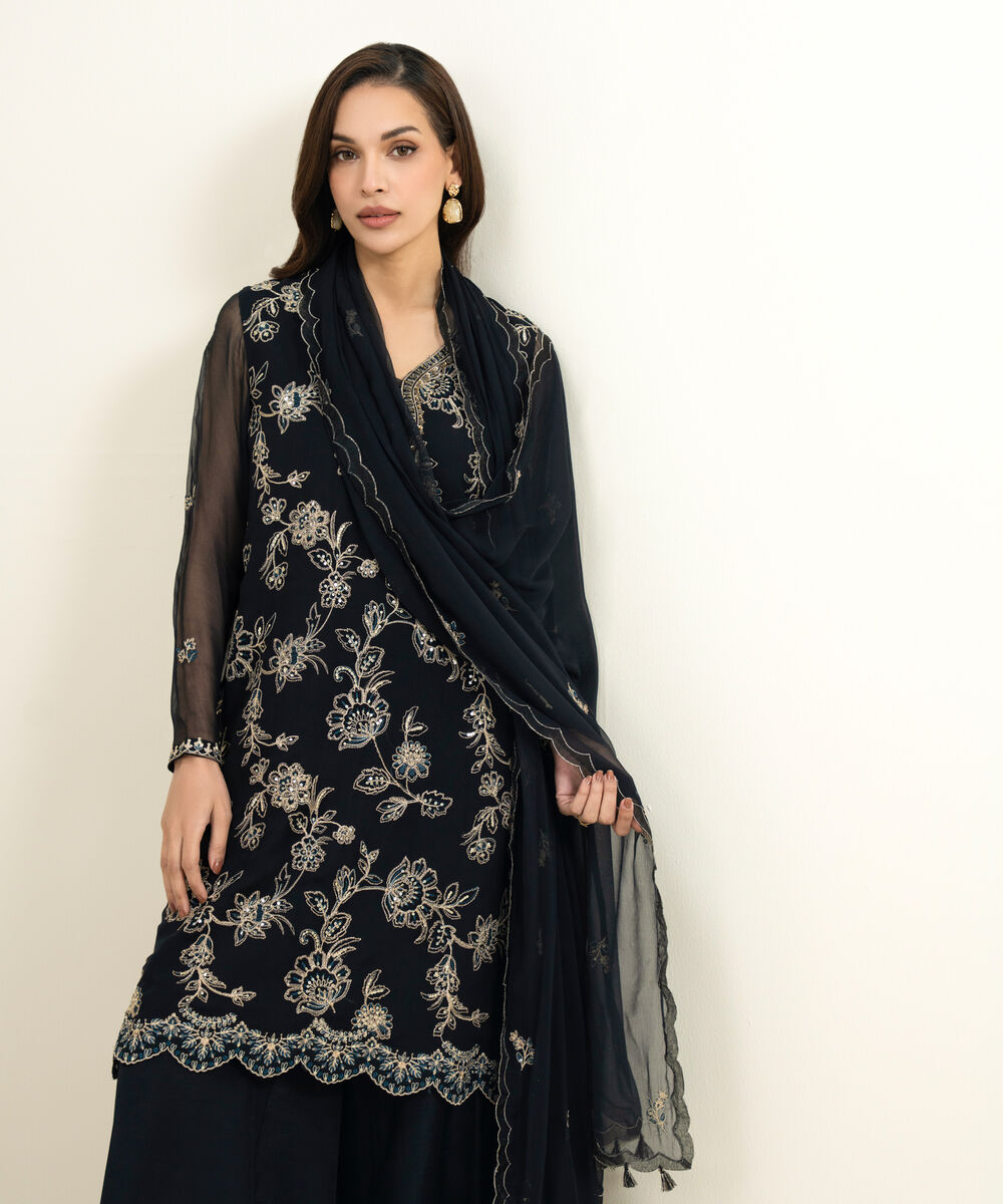 Women's Unstitched Blended Chiffon Embroidered Black  3 Piece Suit