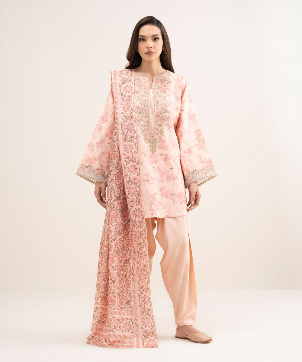 Women's Unstitched Raw Silk Embroidered Pink 3 Piece Suit