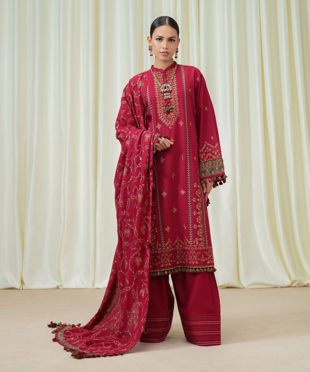 Women's Unstitched Cotton Karandi Embroidered Red 3 Piece Suit