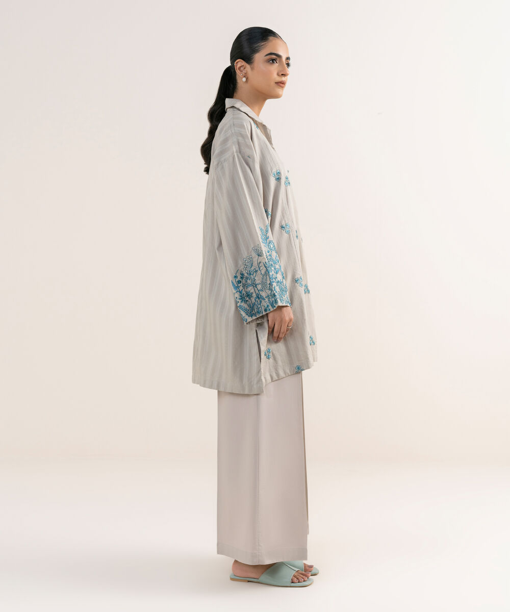 Women's RTW Textured Lawn Grey Embroidered Drop Shoulder Shirt