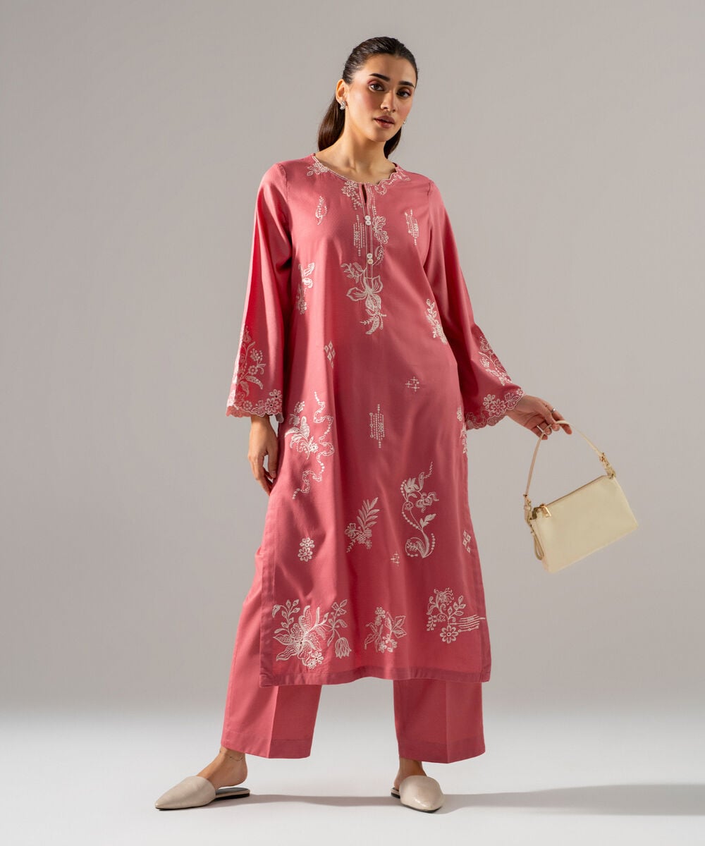 Women's RTW Dobby Solid Embroidered Mauve 2 Piece Suit
