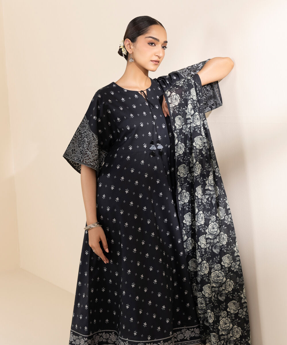 Women's Unstitched Lawn Embroidered Black 2 Piece Suit