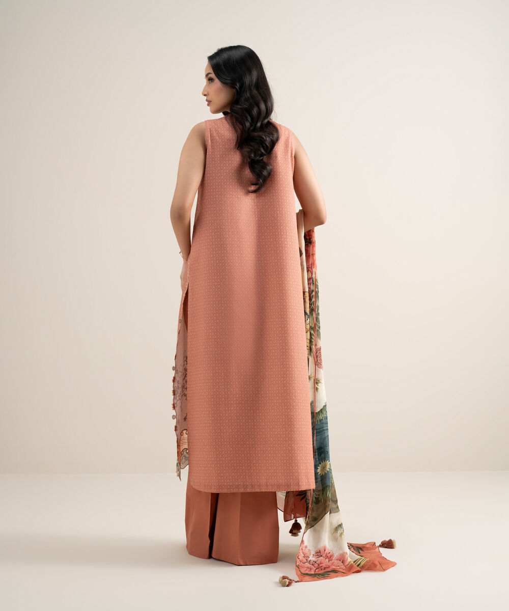 Women's Unstitched Dobby Embroidered Peach 3 Piece Suit