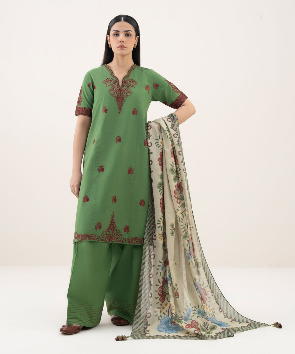 Women's Unstitched Cotton Embroidered Green 3 Piece Suit