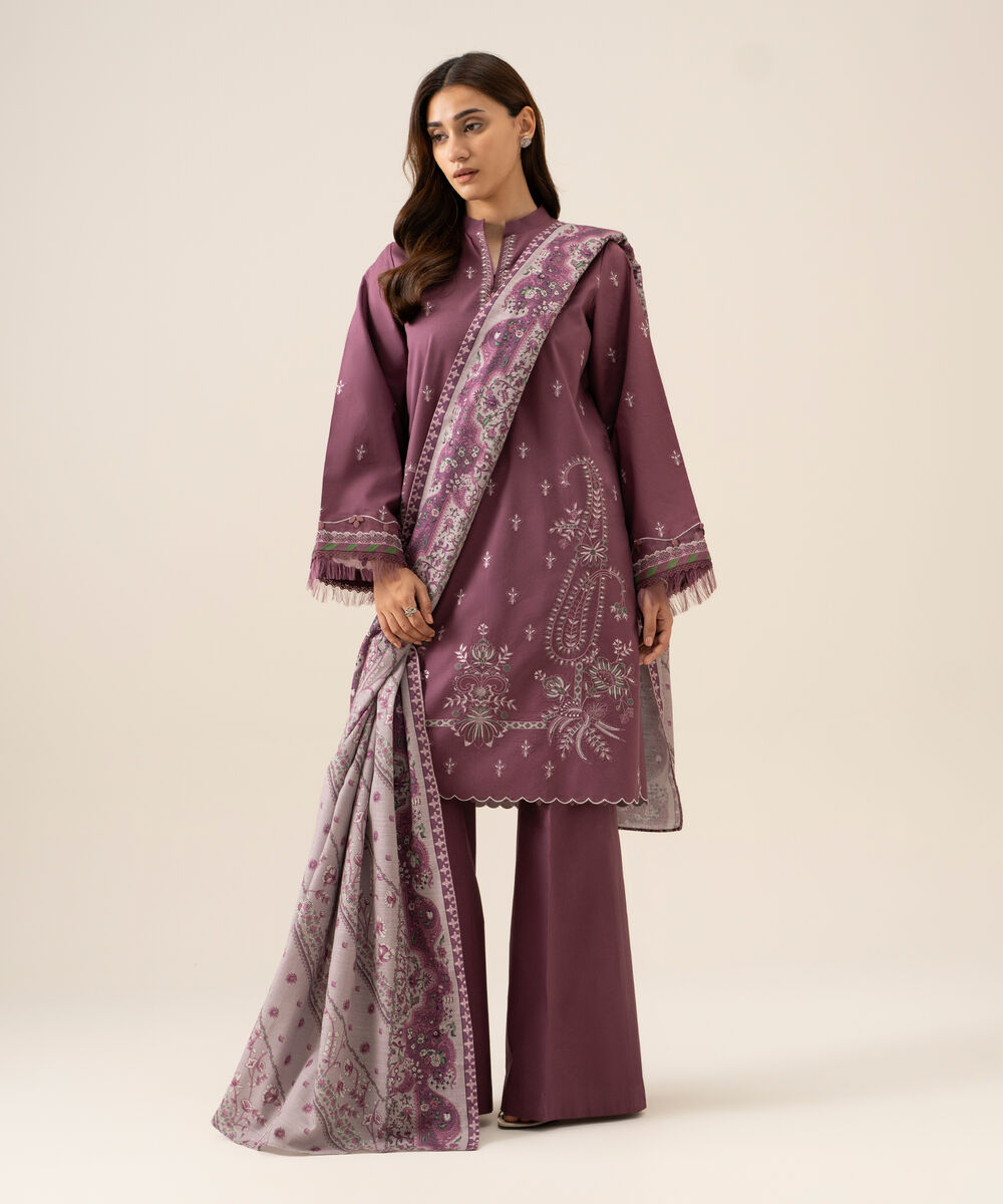 Women's Unstitched Basic Khaddar Embroidered Mauve 3 Piece Suit