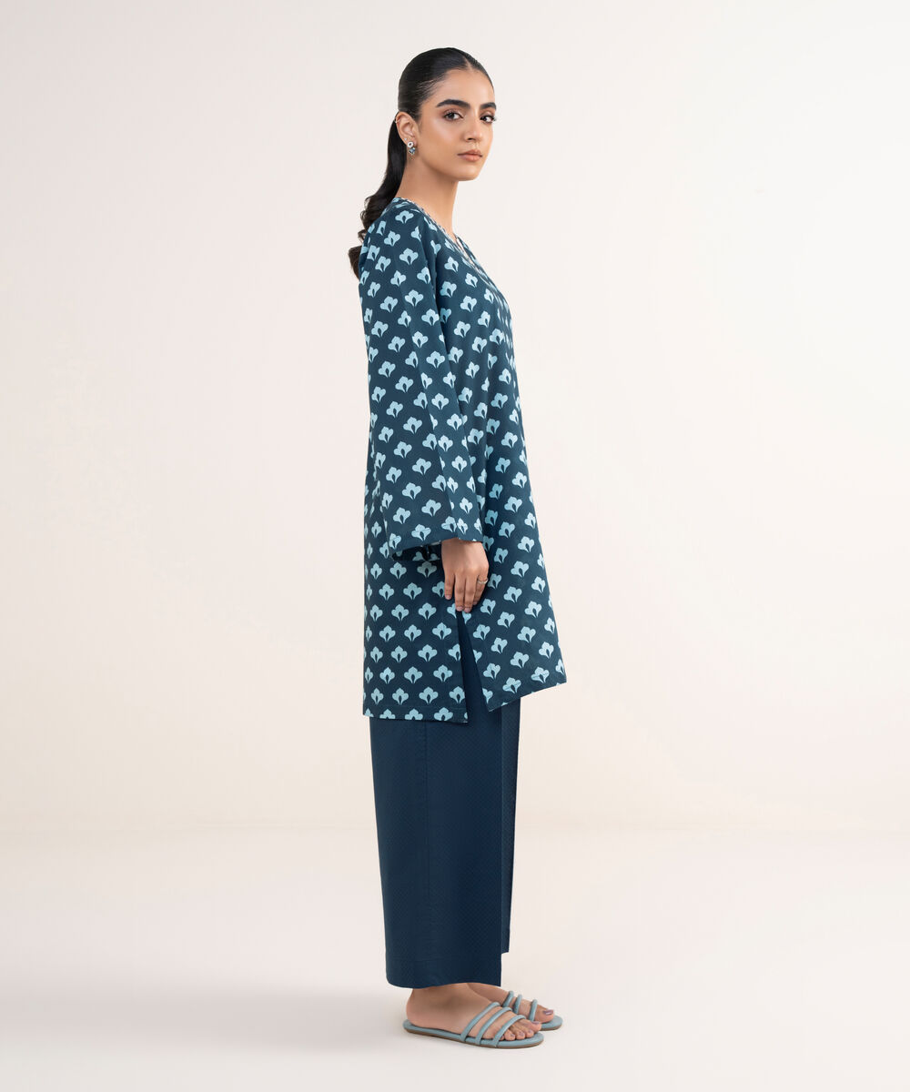 Women's RTW Textured Lawn Blue Embroidered A-Line Shirt