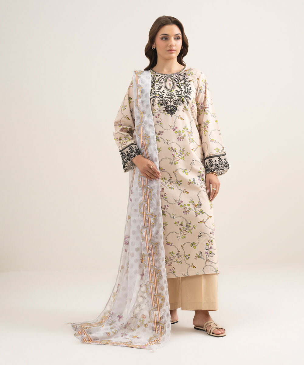 Women's RTW Lawn Embroidered Beige A-Line Shirt