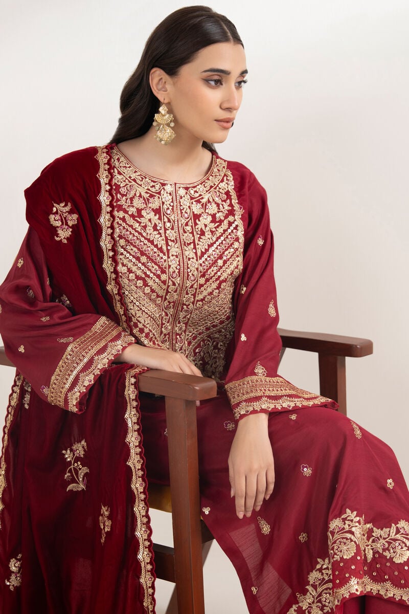 3 Piece - Embroidered Viscose Raw Silk Suit