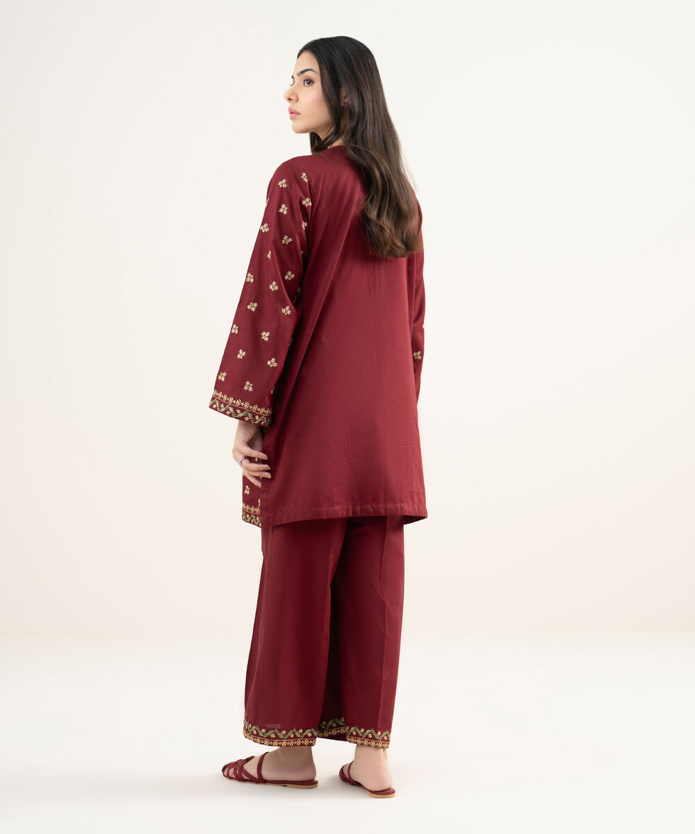 Women's RTW Dobby Embroidered Maroon Straight Shirt