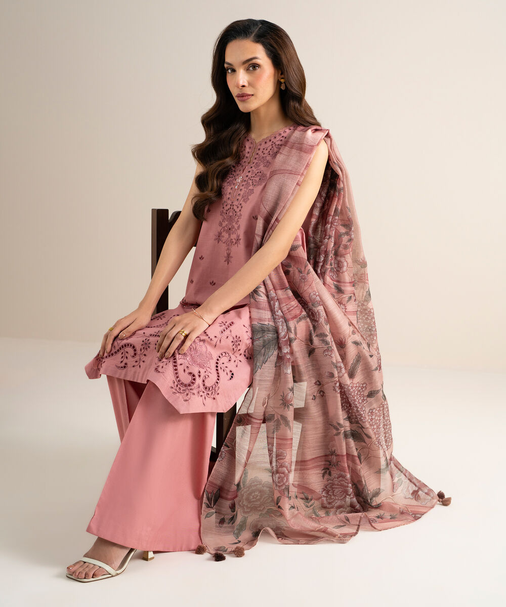 Women's Unstitched Slub Lawn Embroidered Pink 3 Piece Suit