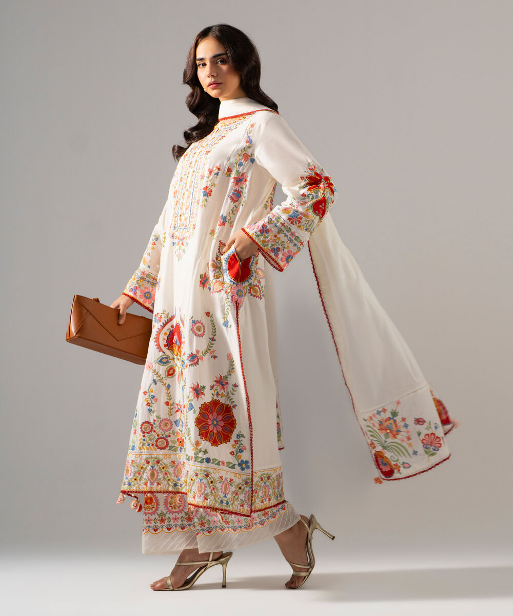 Women's RTW Lawn Solid Embroidered Off White 3 Piece Suit