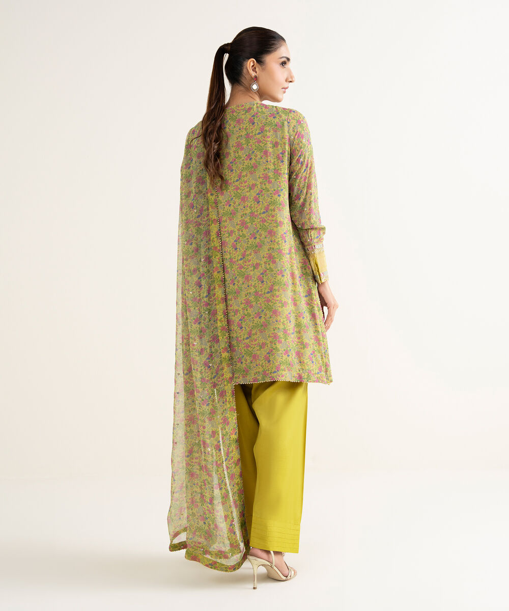 Women's RTW Bemberg Georgette Chiffon Embroidered Yellow 3 Piece Suit