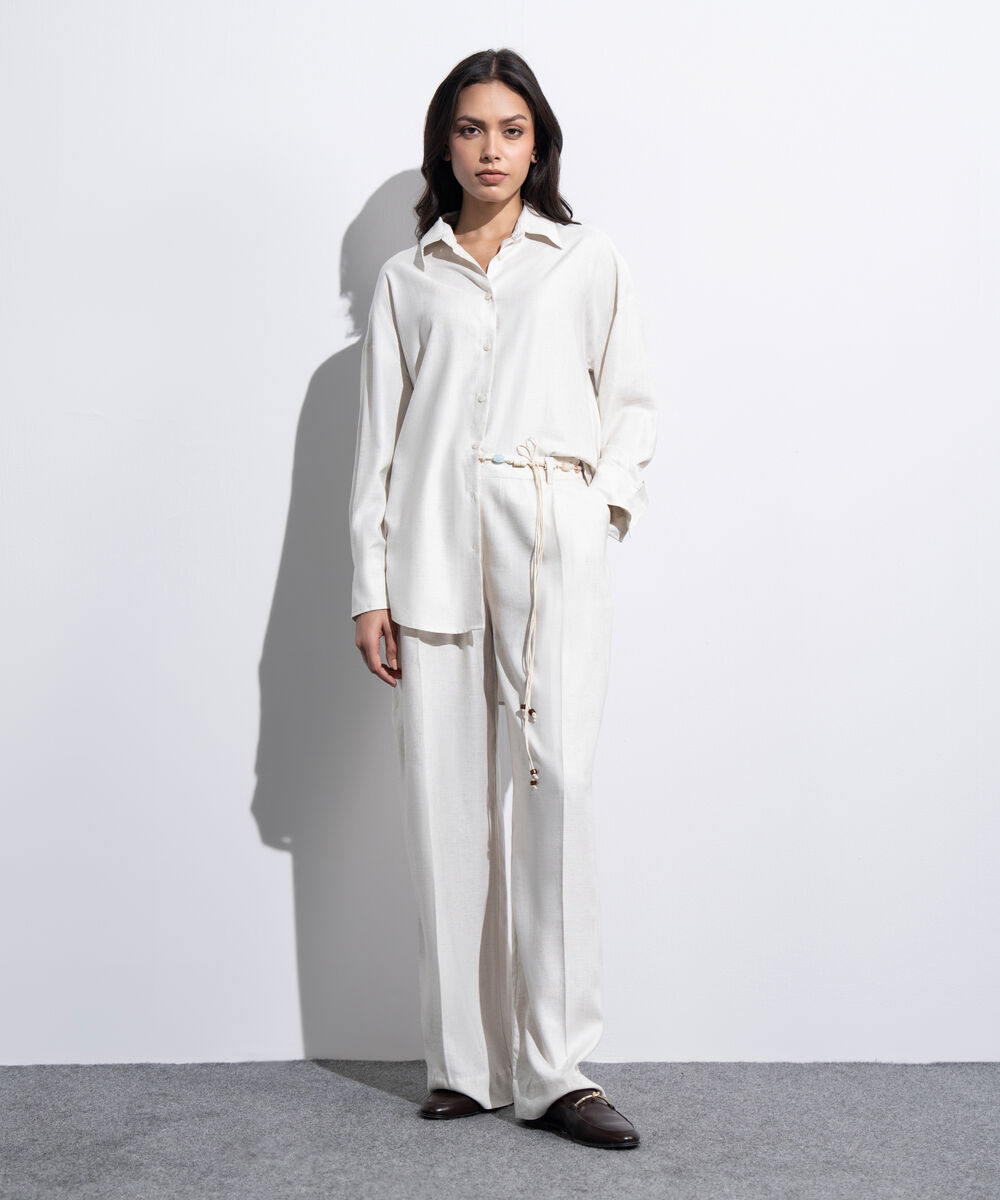 Women's Western Off-white Loose-Fit Linen Blend Shirt
