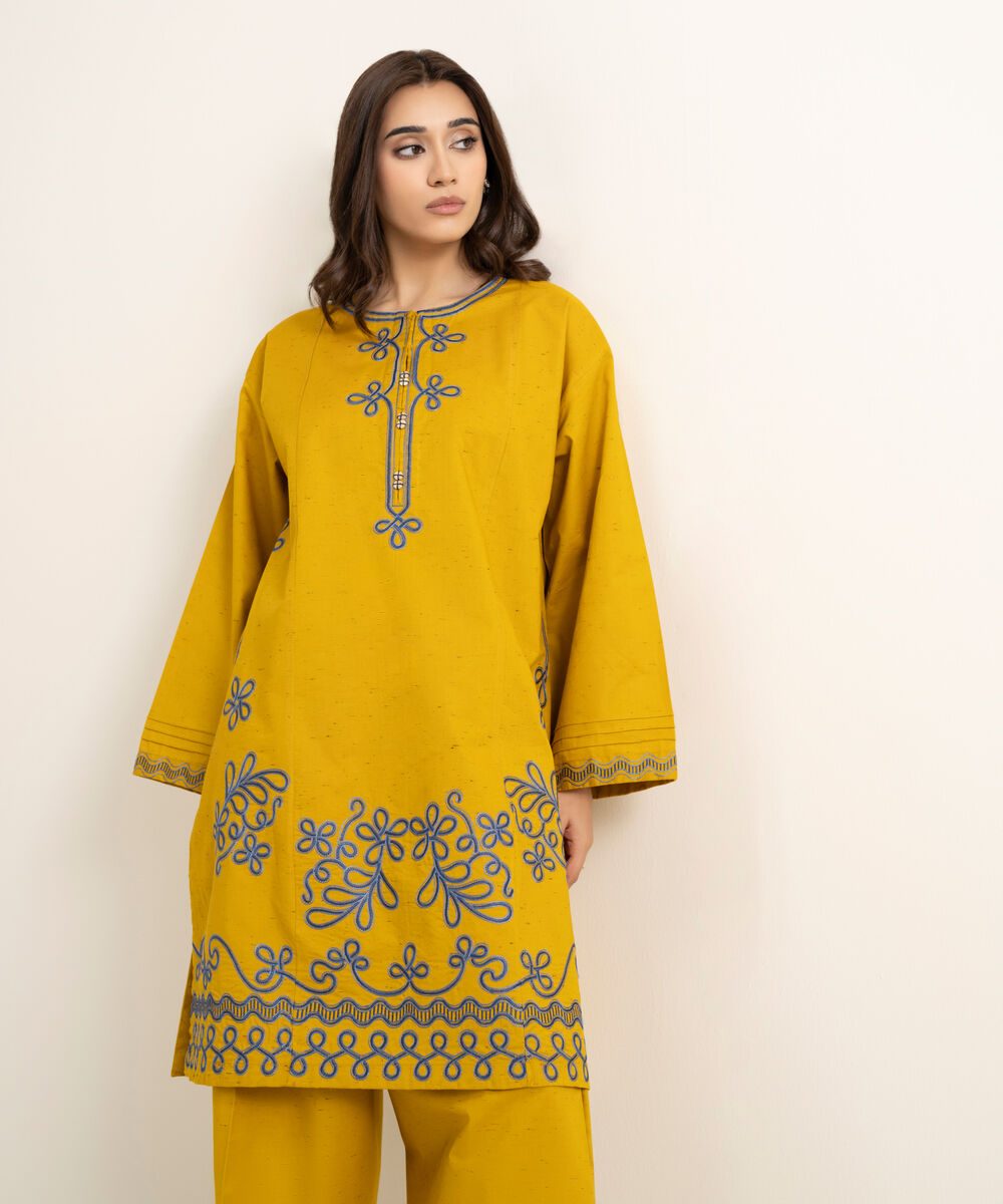 Women's RTW Multi Neps Embroidered Mustard Boxy Shirt