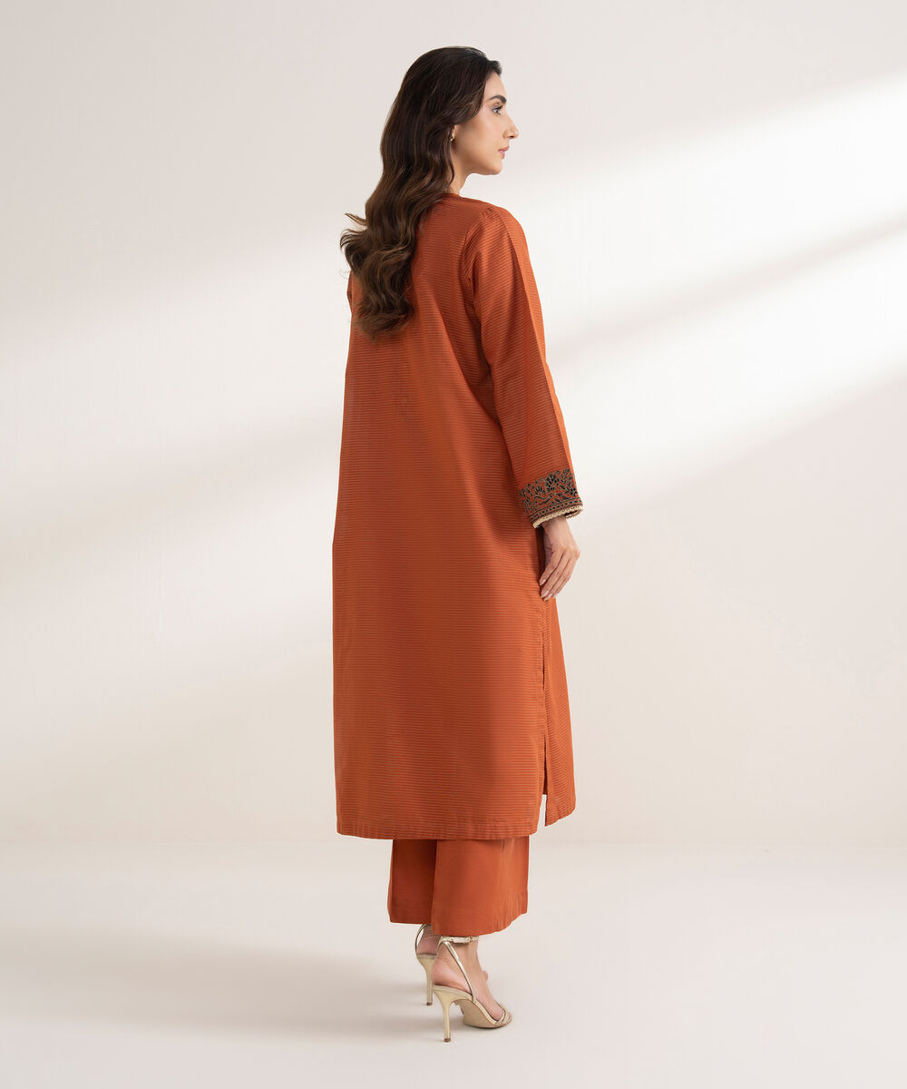 Women's RTW Zari Cotton Embroidered A-Line Rust Shirt