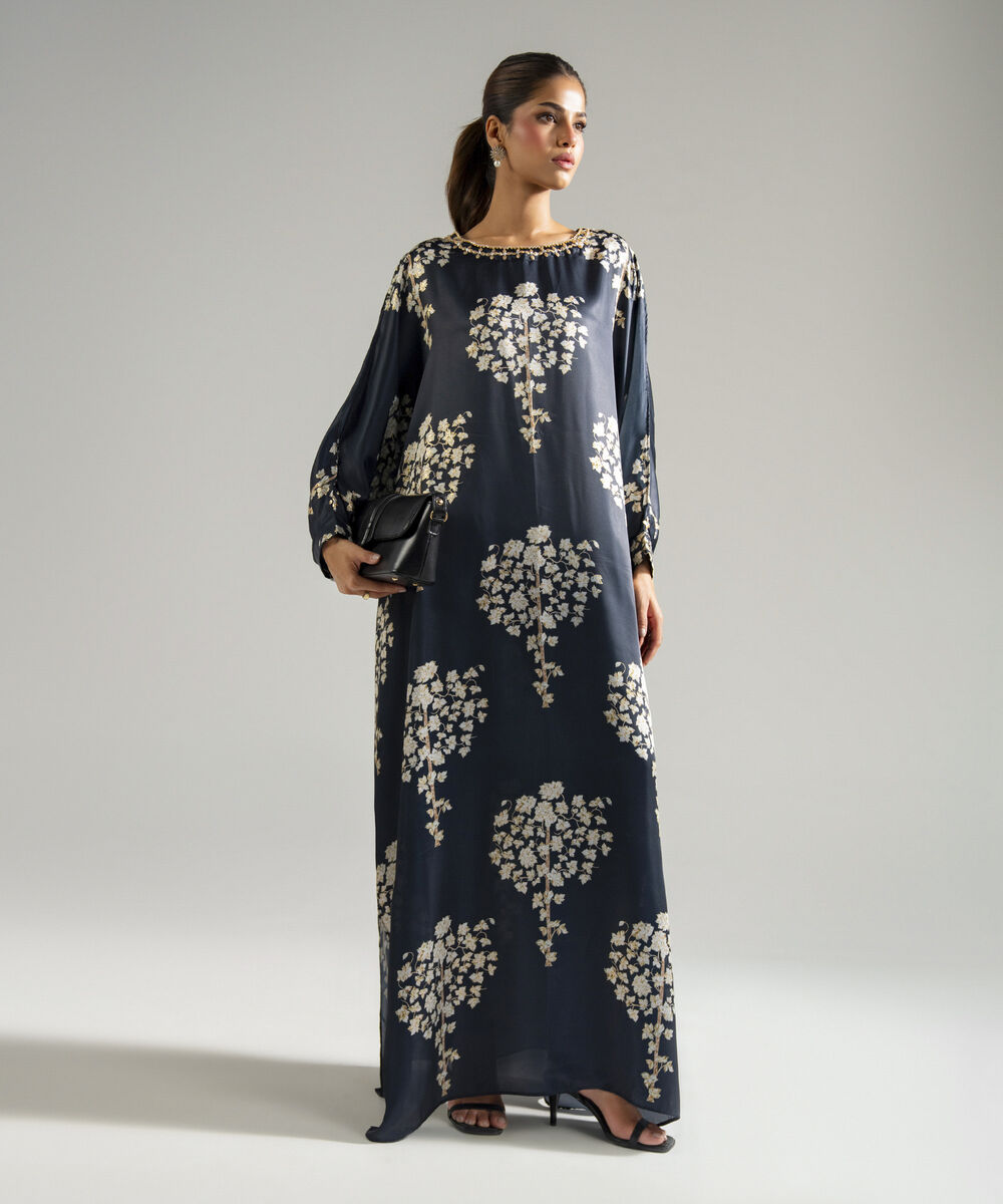 Women's RTW Blended Satin Printed Dark Blue Kaftan