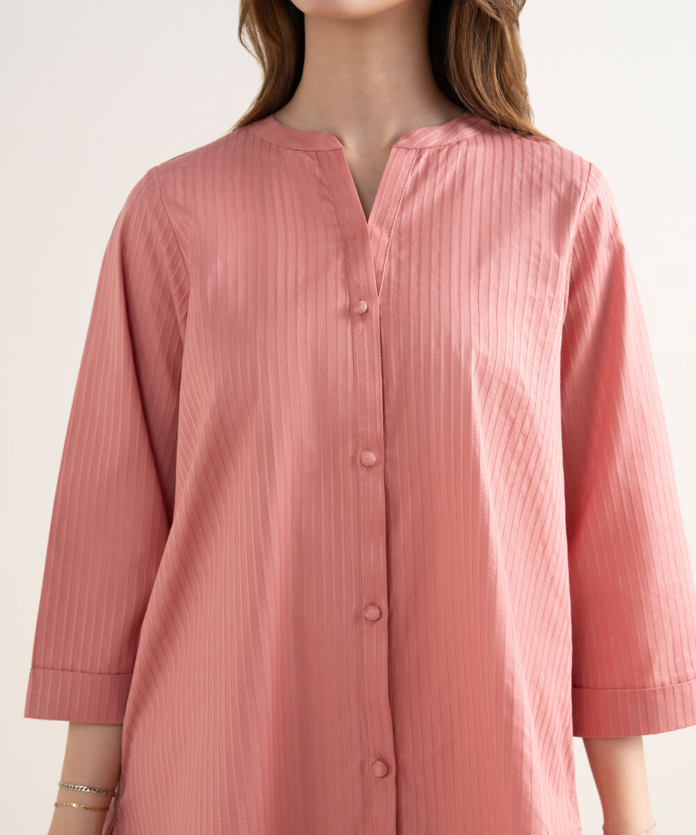 Women's RTW Handwoven Dobby Solid Button Down Pink Shirt