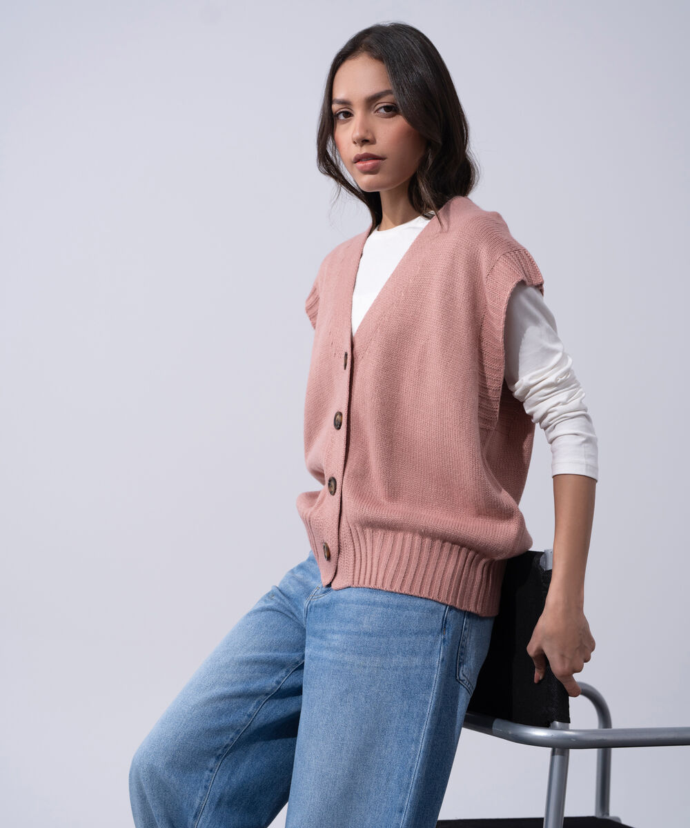 Women's Western Wear Pink Acrylic V-Neck Sweater Vest