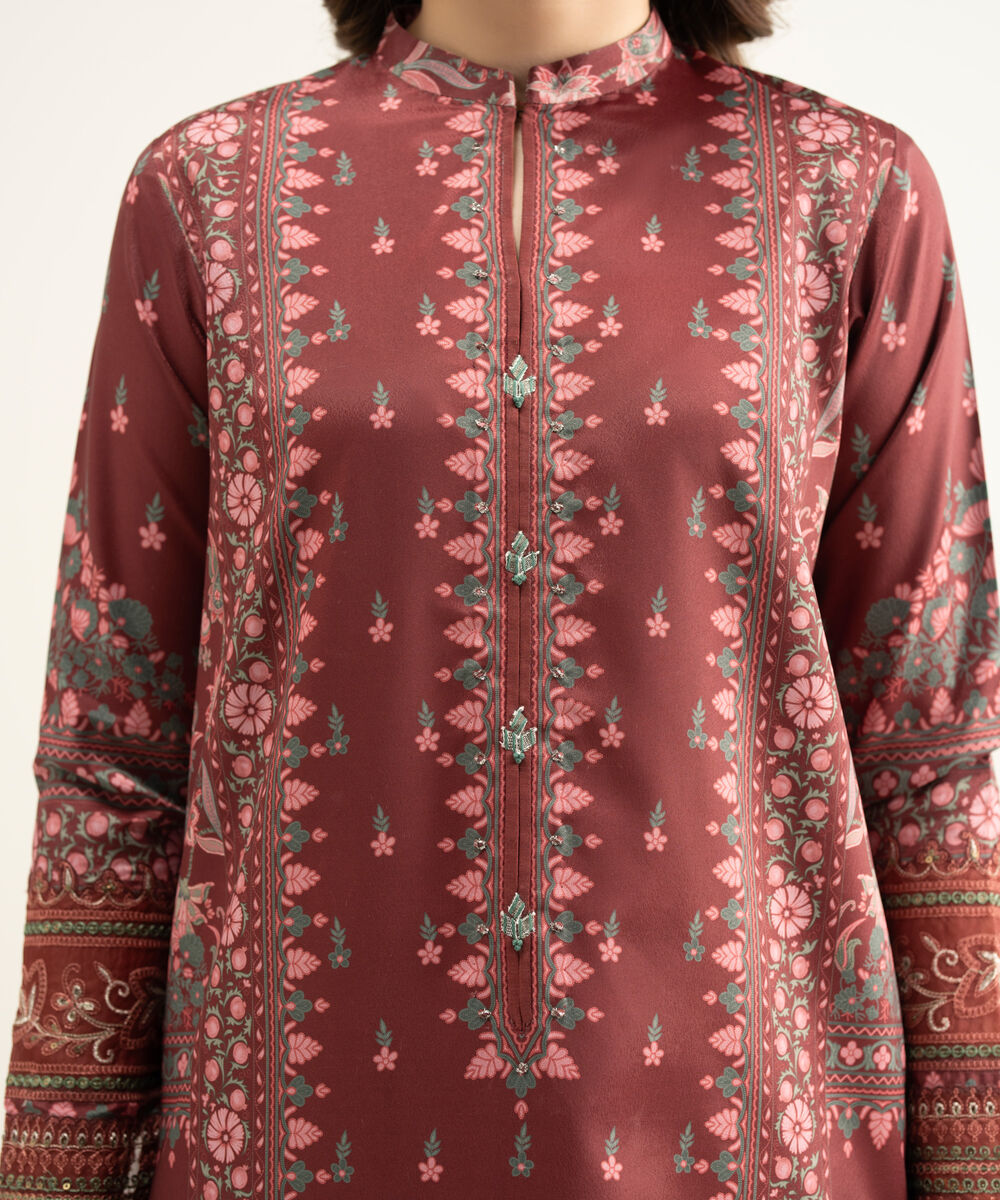 Women's Unstitched Blended Grip Silk Red Embroidered 3 Piece Suit