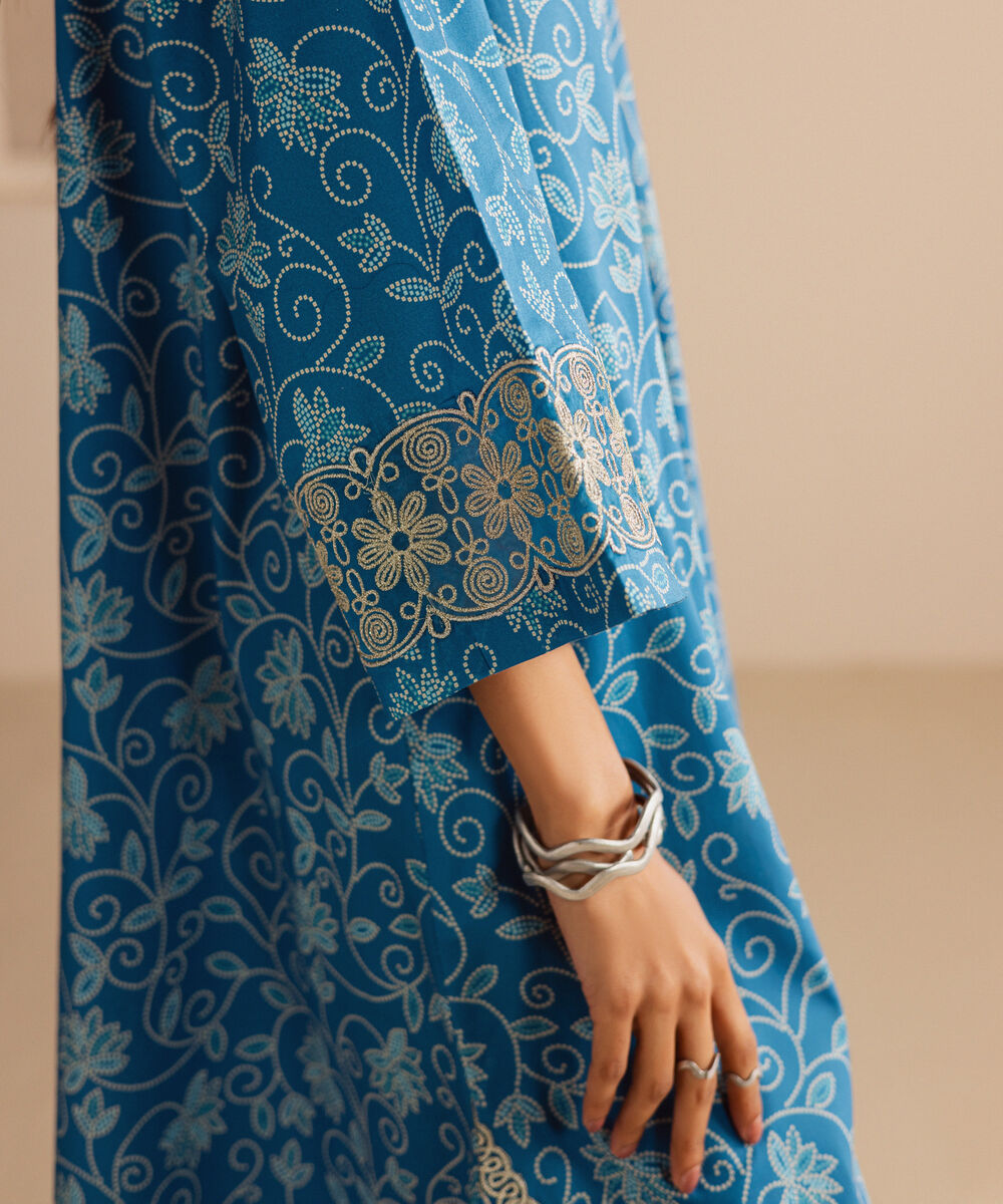 Women's Unstitched Lawn Embroidered Blue 3 Piece Suit