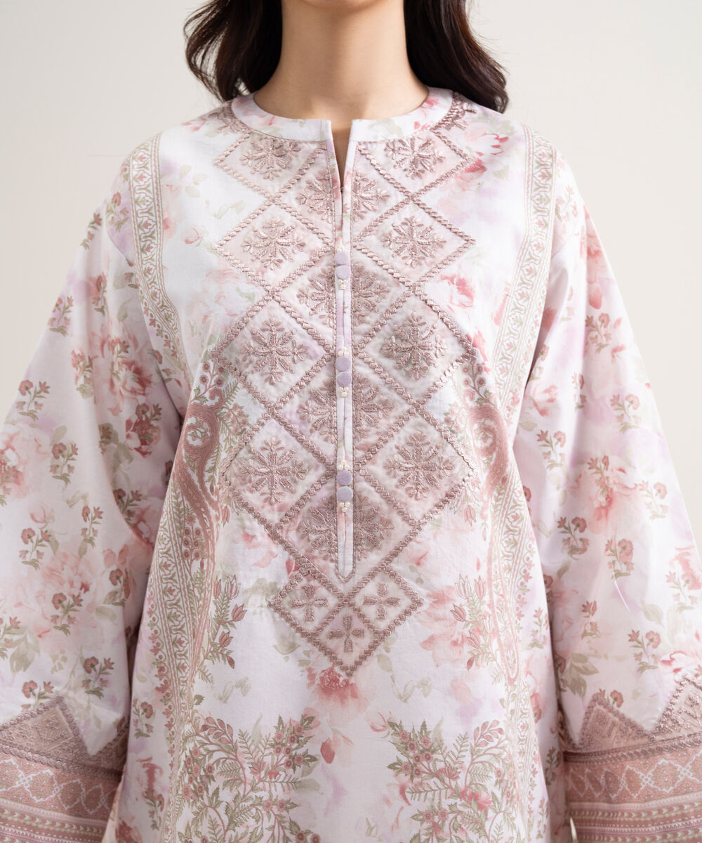 Women's Unstitched Lawn Embroidered Off White and Blue 3 Piece Suit