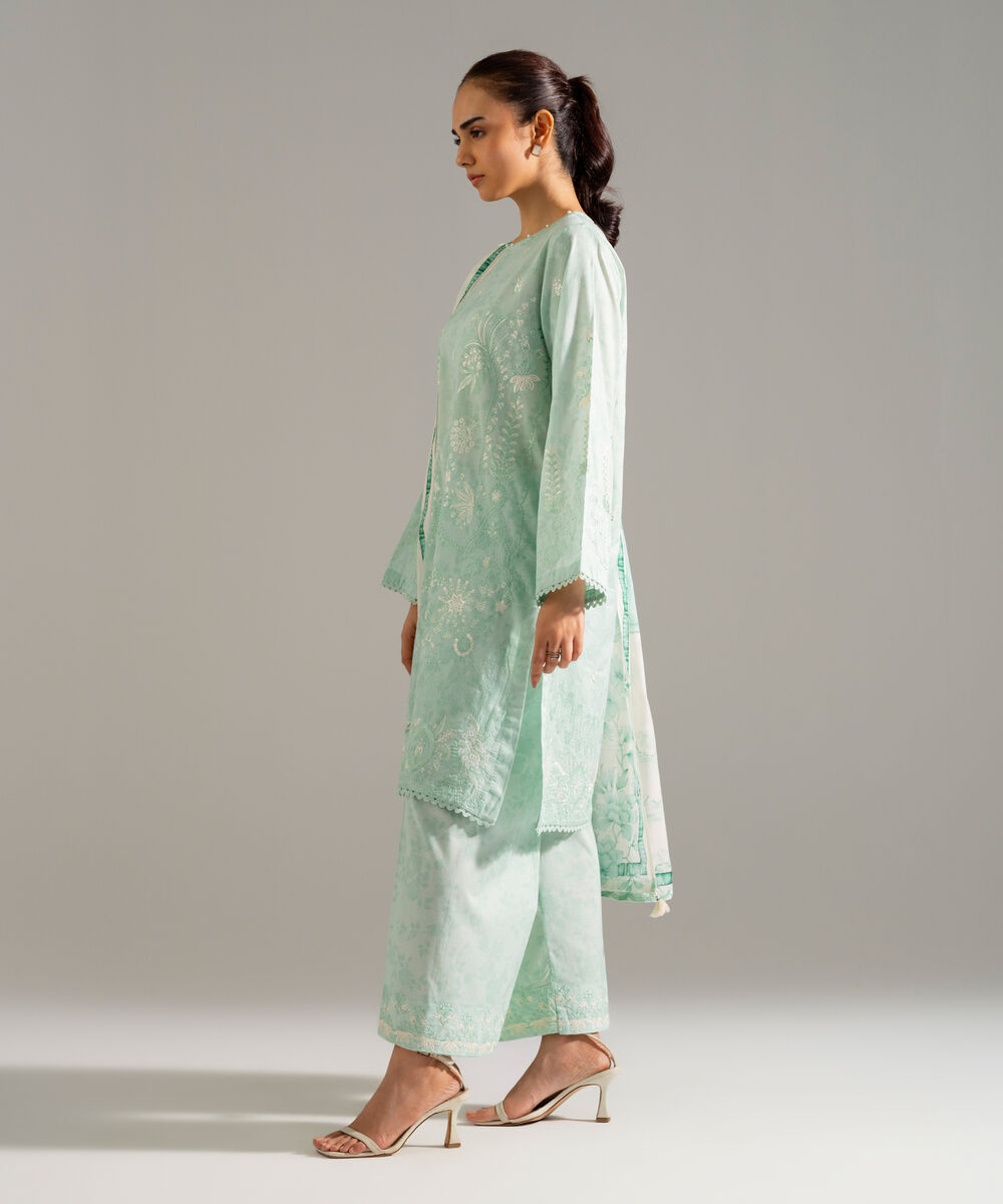 Women's RTW Lawn Embroidered Green 3 Piece Suit