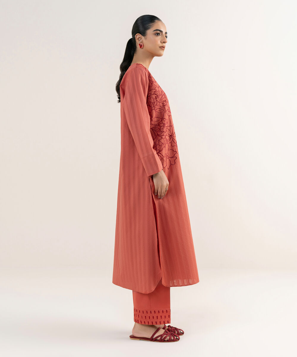 Women's RTW Textured Lawn Coral Embroidered A-Line Shirt