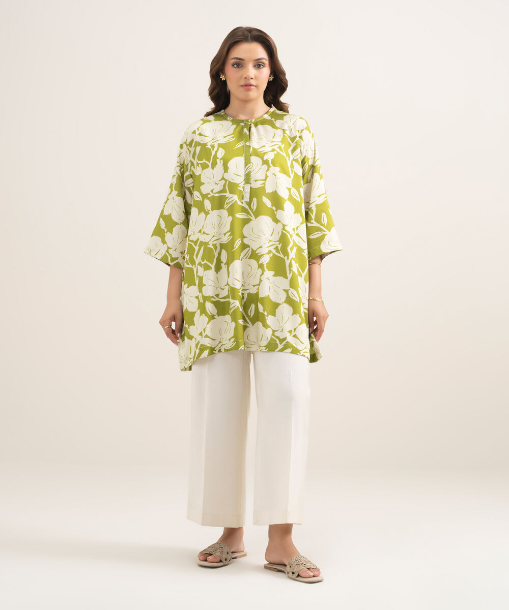 Women's RTW Arabic Cambric Printed Green Drop Shoulder Shirt
