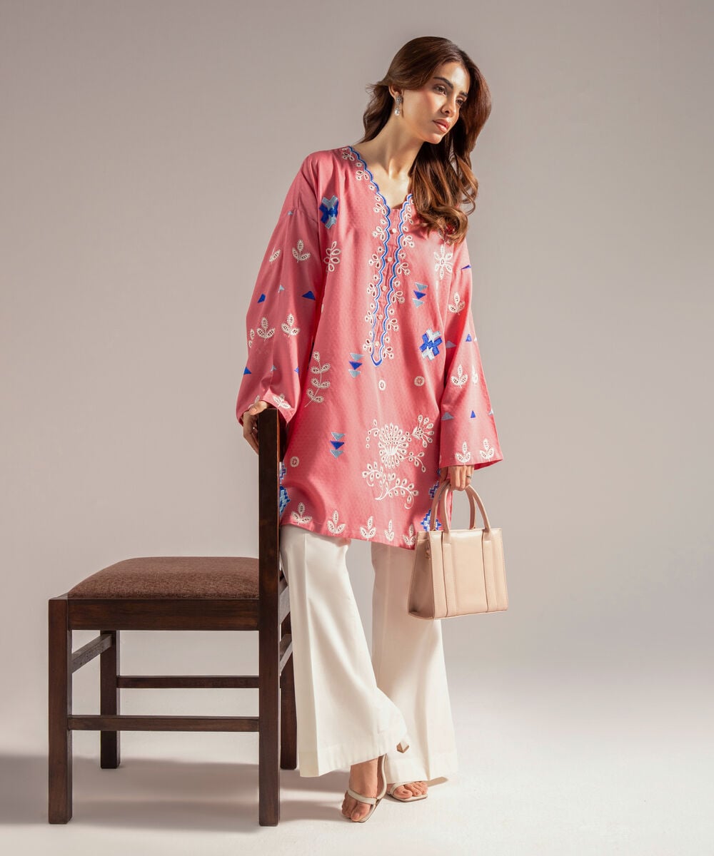 Women's RTW Dobby Embroidered Straight Pink Shirt