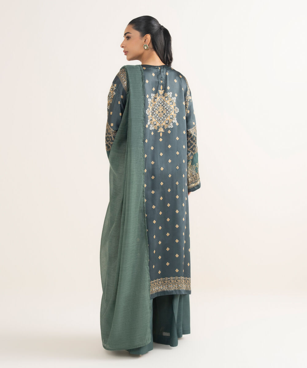 Women's RTW Blended Satin Embroidered Green 3 Piece Suit