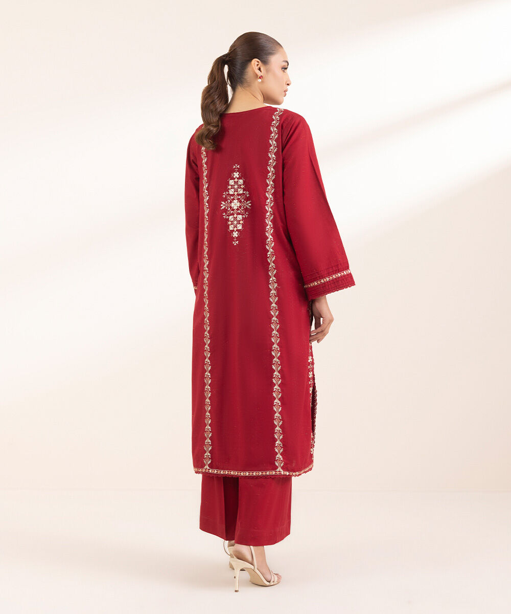 Women's Pret Multineps Red Embroidered A-Line Shirt