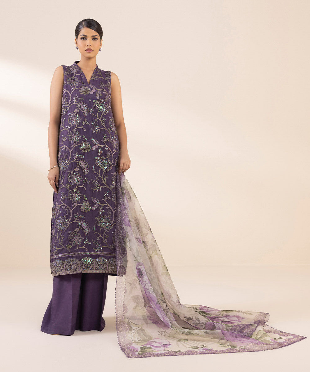 Woman - Purple 3 Piece - Embroidered Organza Suit