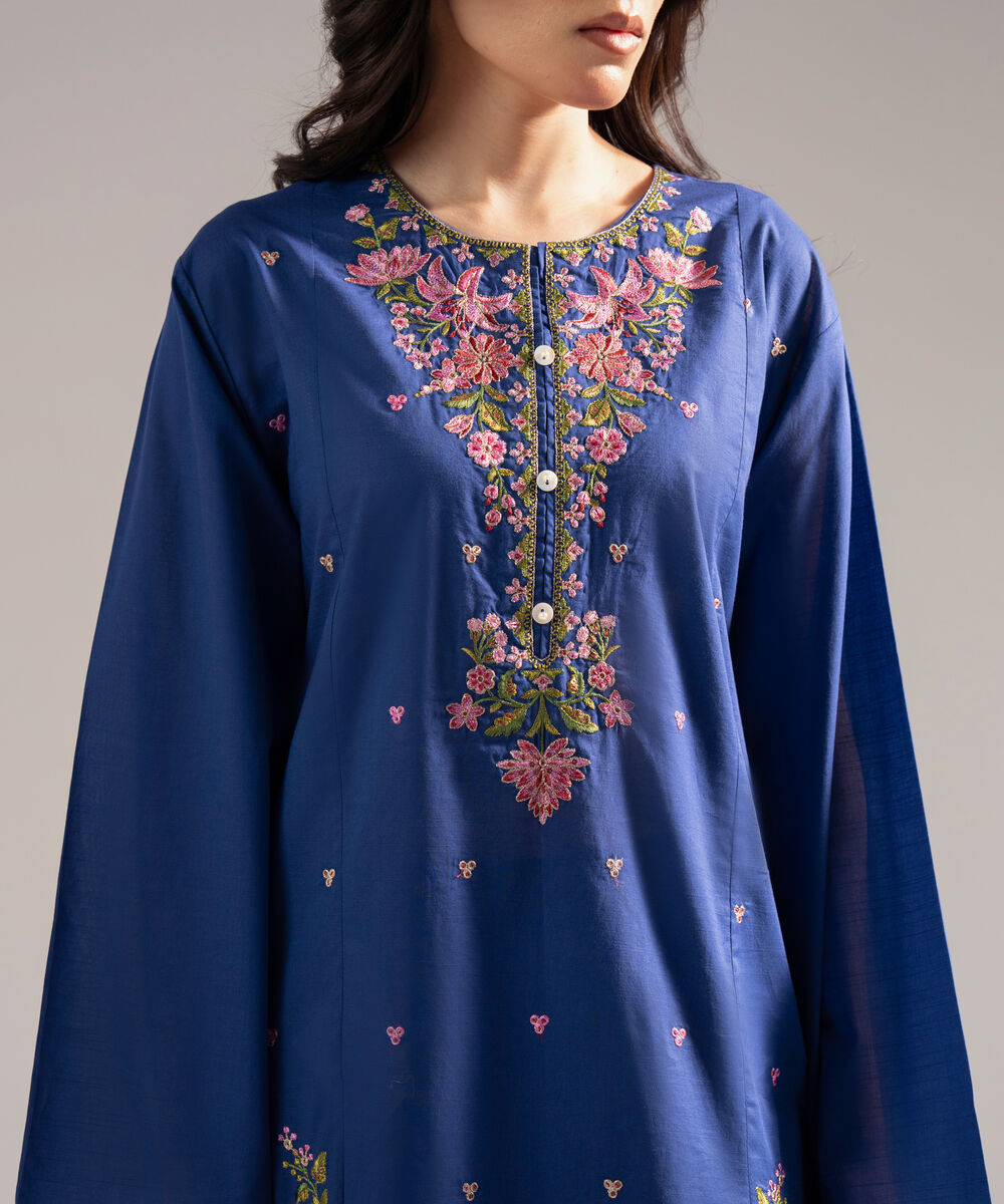 Women's RTW Slub Lawn Embroidered Straight Dark Blue Shirt