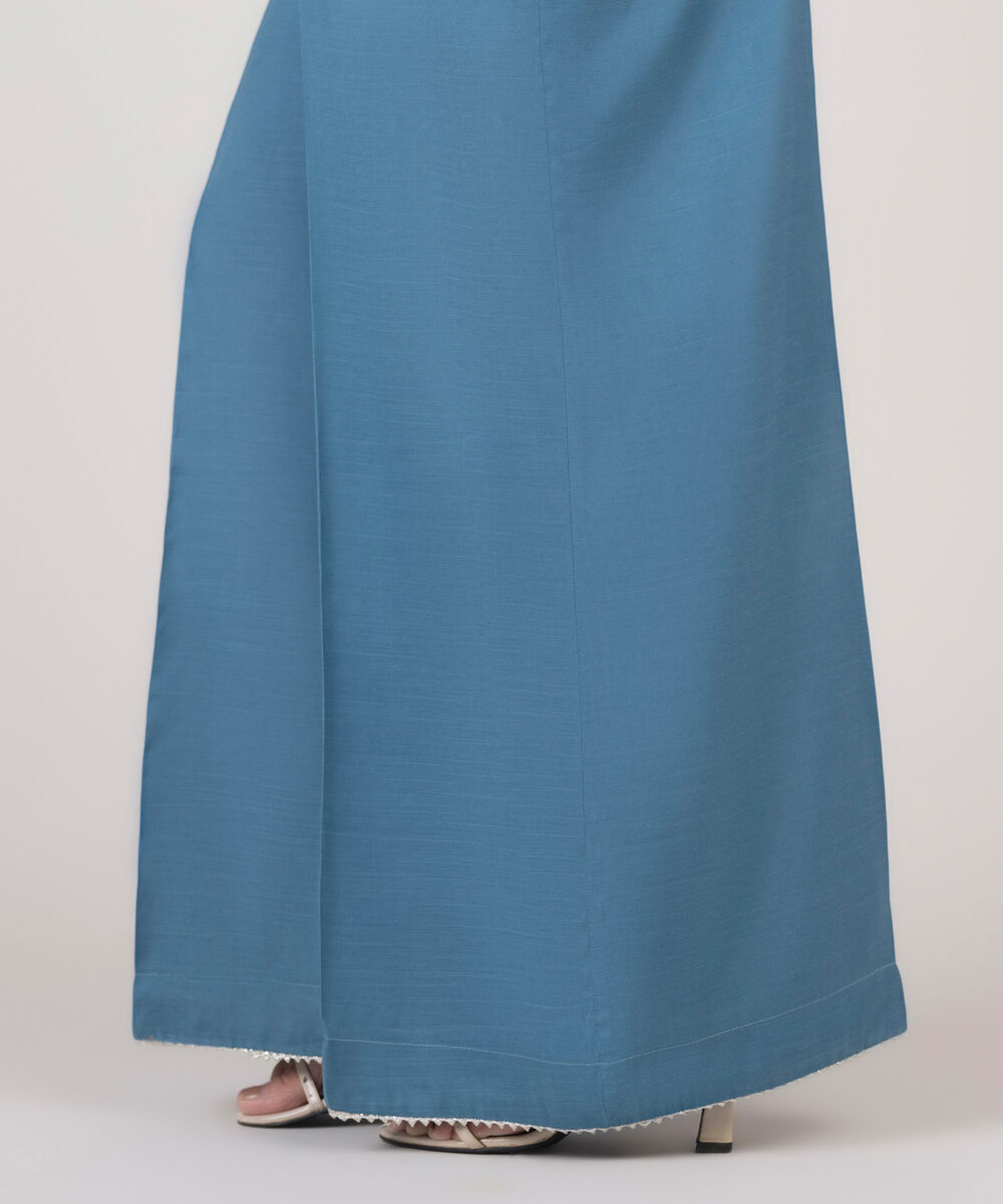 Women's RTW Viscose Raw Silk Solid Blue Flared Pants