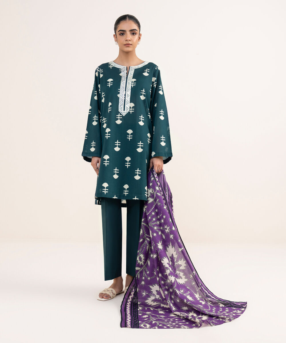 Women's RTW Lawn Green Embroidered Straight Shirt