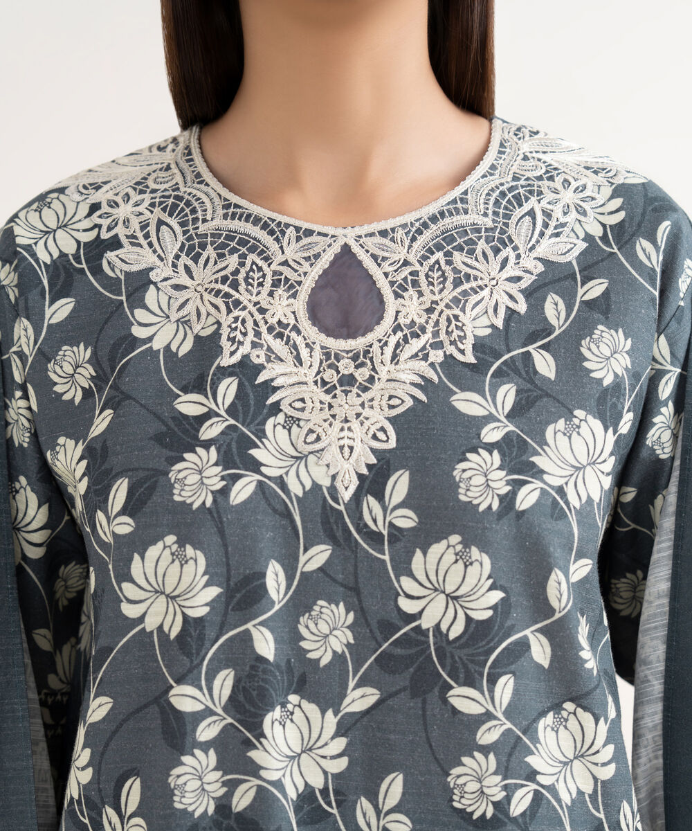 Women's Unstitched Khaddar Embroidered Grey 3 Piece Suit