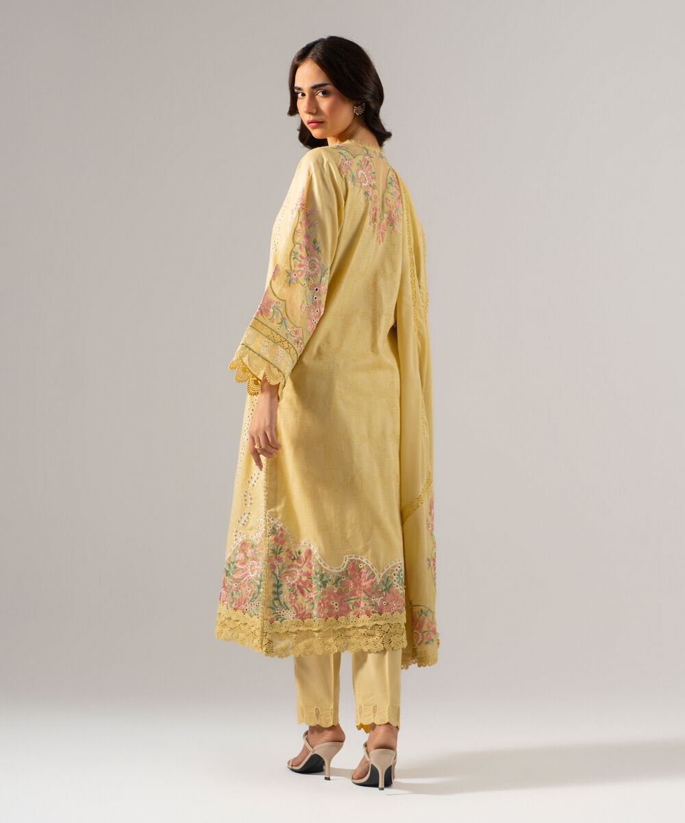 Women's RTW Self Jacquard Solid Embroidered Pale Yellow 3 Piece Suit