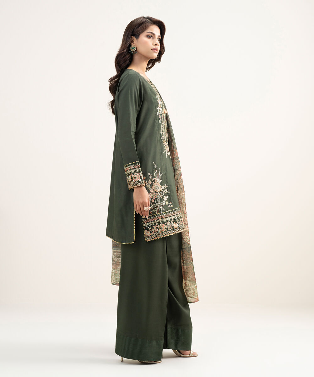 Women's RTW Viscose Raw Silk Embroidered Dark Green 3 Piece Suit