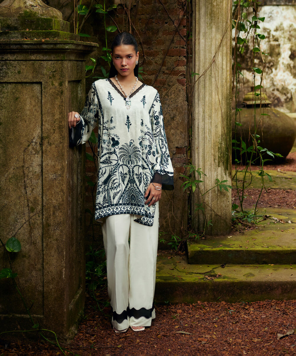 Women's RTW Premium Visocose Satin Embroidered Black 3 Piece Suit