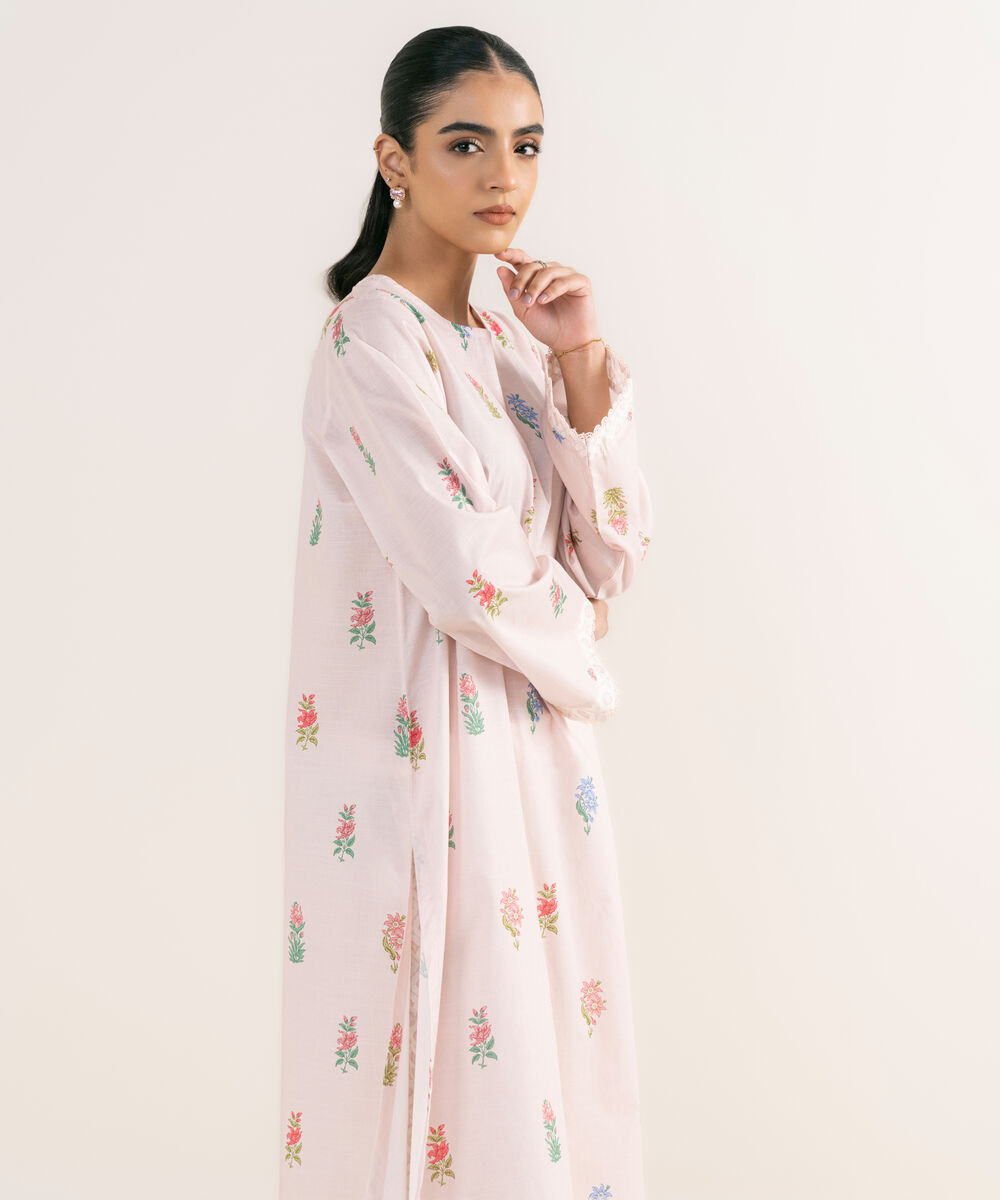 Women's RTW Textured Lawn Pink Printed A-Line Shirt