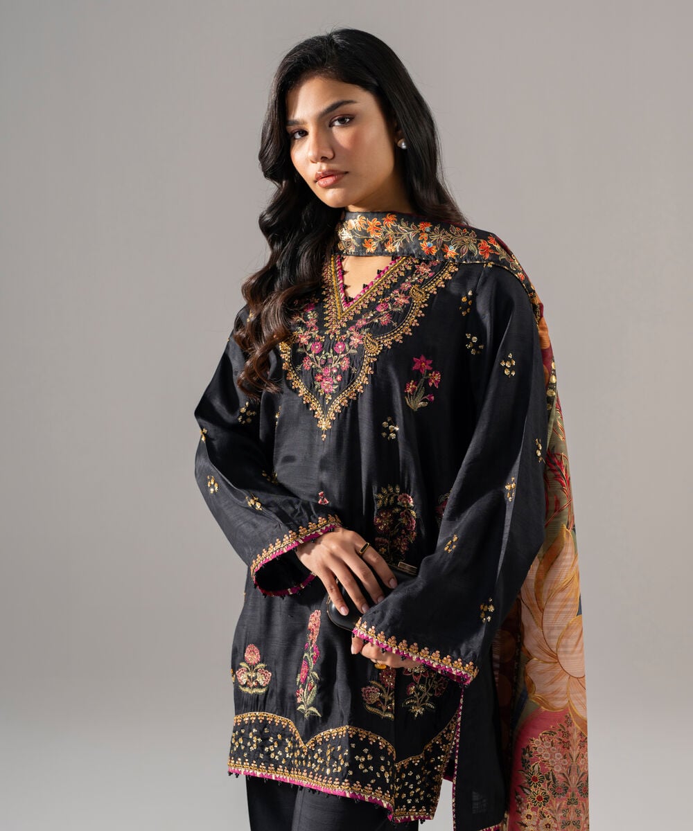 Women's RTW Bright Raw Silk Embroidered Black 3 Piece Suit