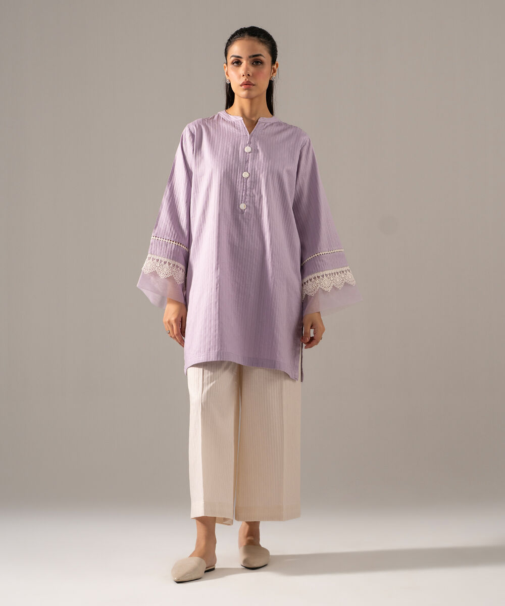 Women's RTW Dobby Strip Solid Lilac 2 Piece Suit