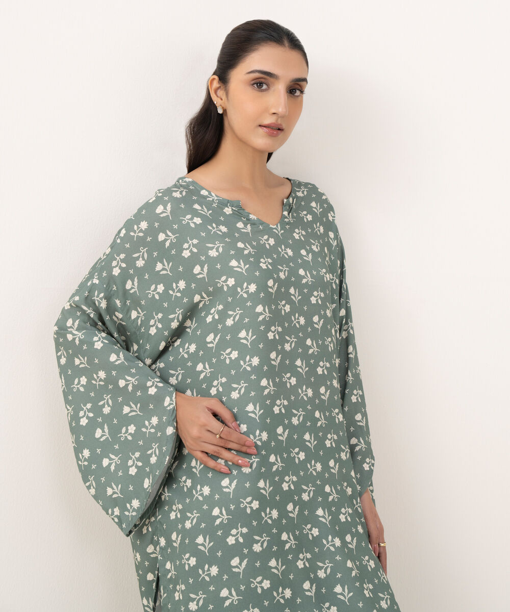 Women's RTW Linen Viscose Printed Grey Drop Shoulder Shirt