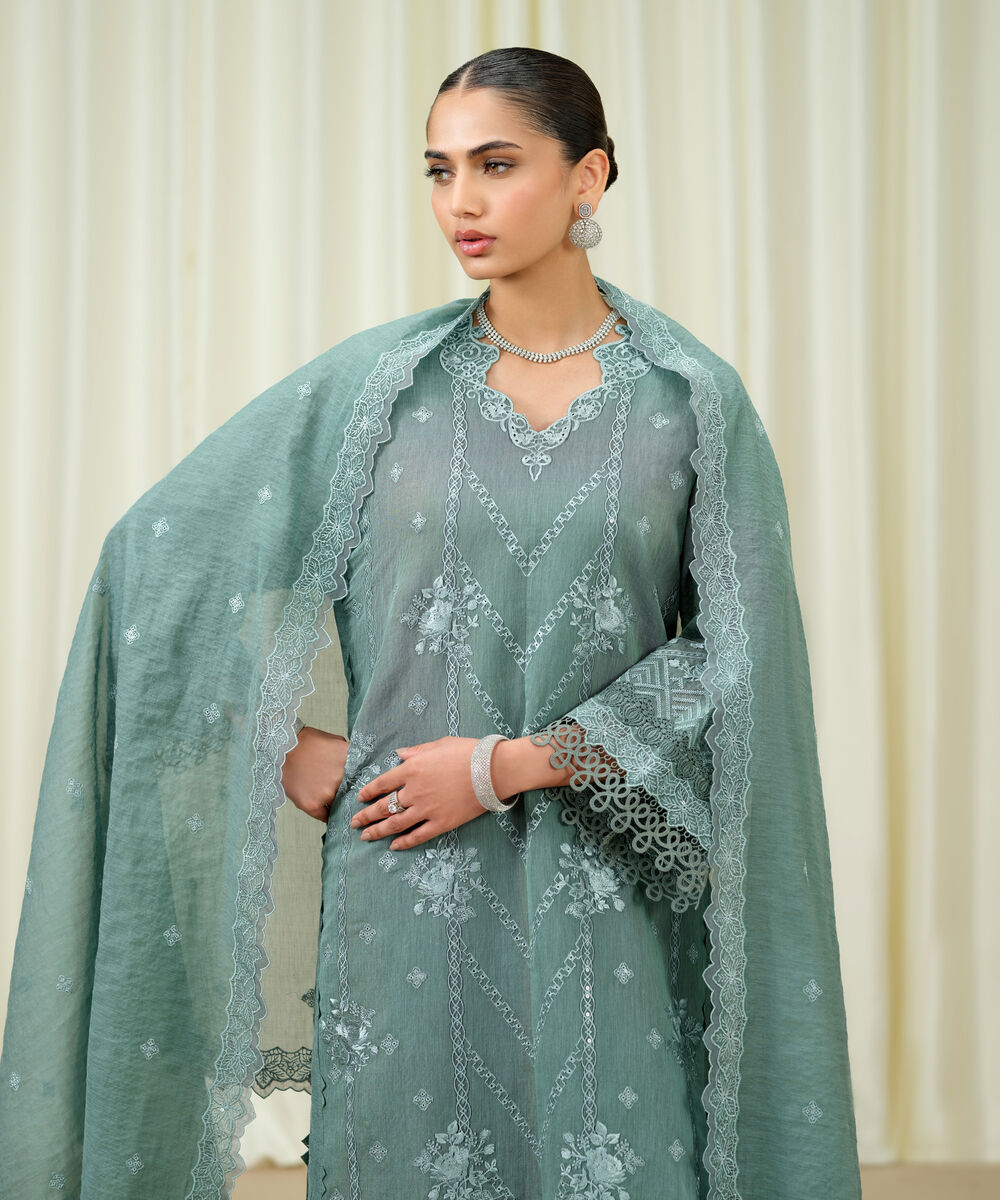 Women's Unstitched Muslin Embroidered Green 3 Piece Suit