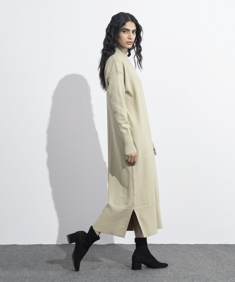 Women's Western Wear Beige High Neck Sweater Dress