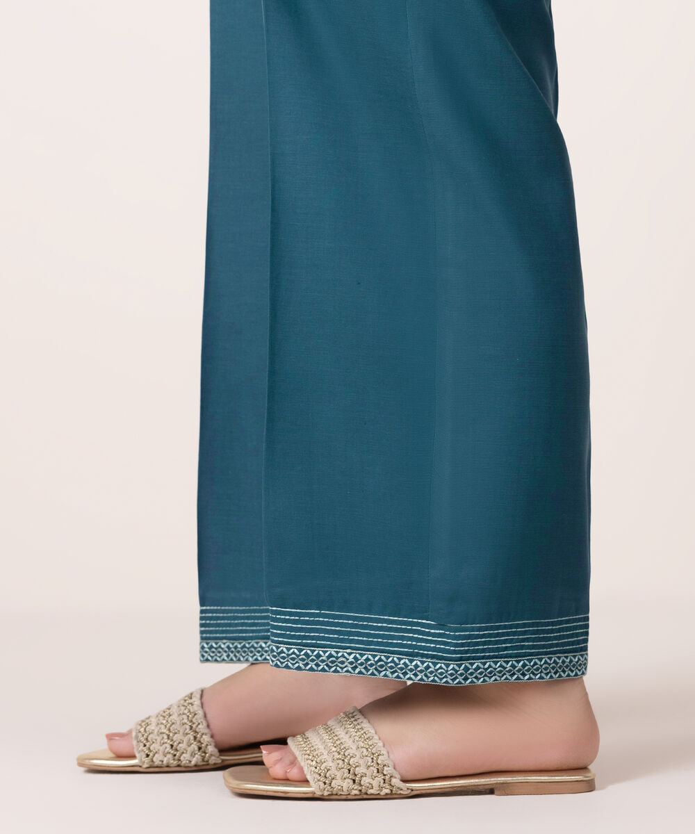 Women's RTW Cotton Viscose Embroidered Blue Straight Pants