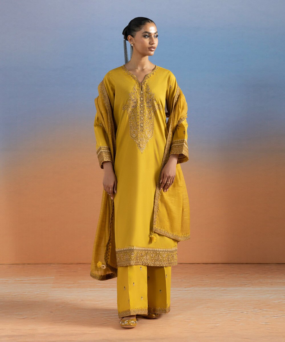 Embroidered Lawn Shirt Women's Pret Lawn Embroidered Yellow A-Line Shirt