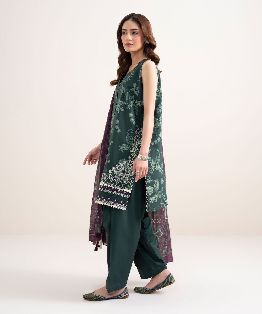 Women's Unstitched Lawn Embroidered Green 3 Piece Suit