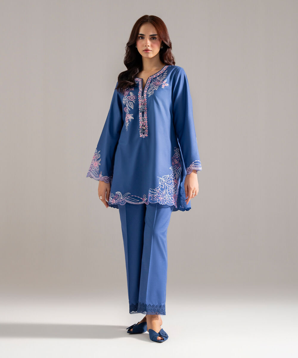 Women's RTW Dobby Solid Embroidered Blue Straight Shirt
