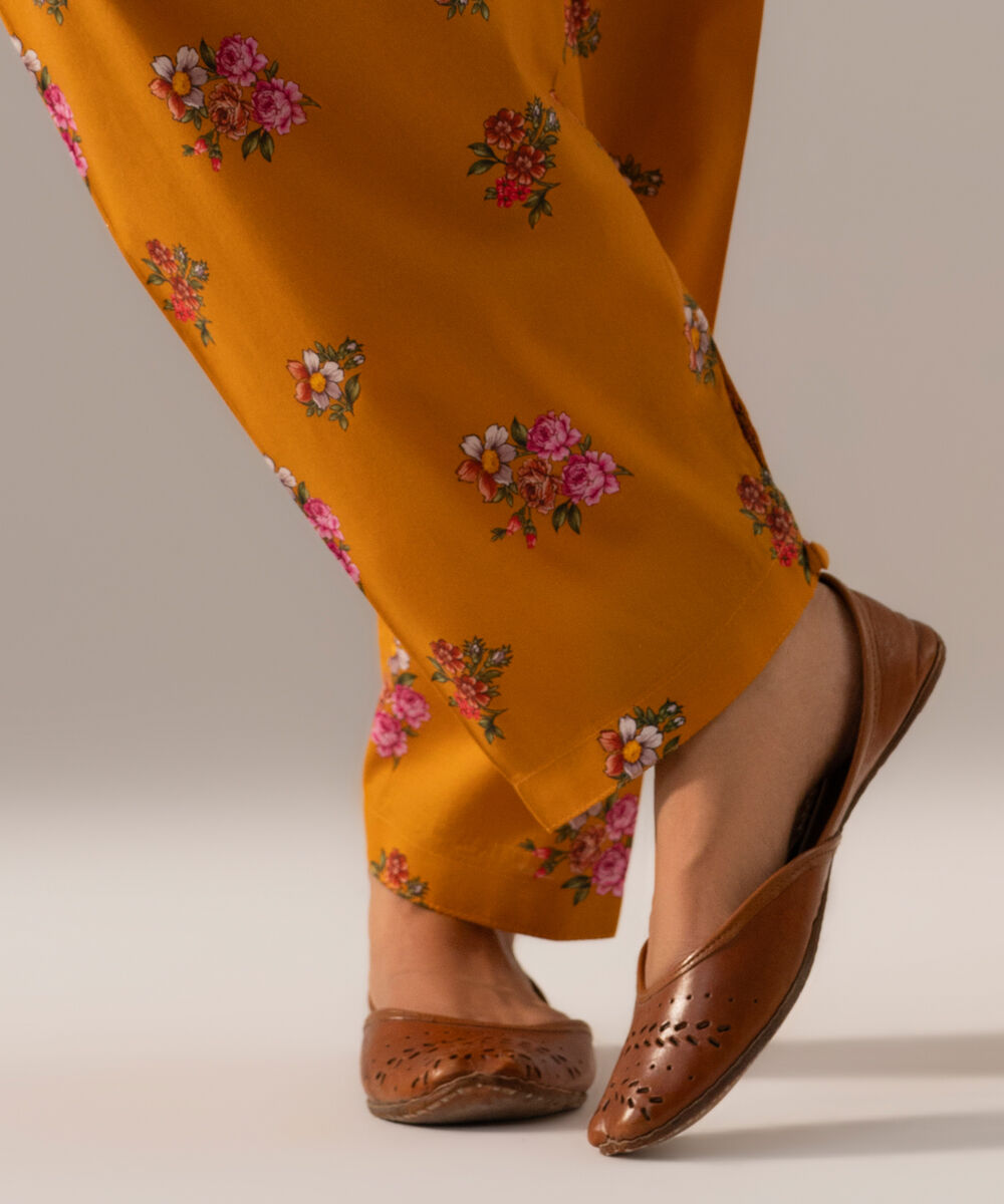 Women's RTW Cambric Printed Mustard Browm Skinny Shalwar